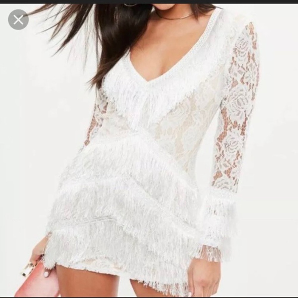 Missguided White long sleeve Fringe dress